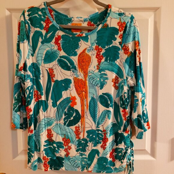 Ruby Rd. Tops - Ruby Rd. floral tropical with parrot, sz PXL 3/4 sleeve